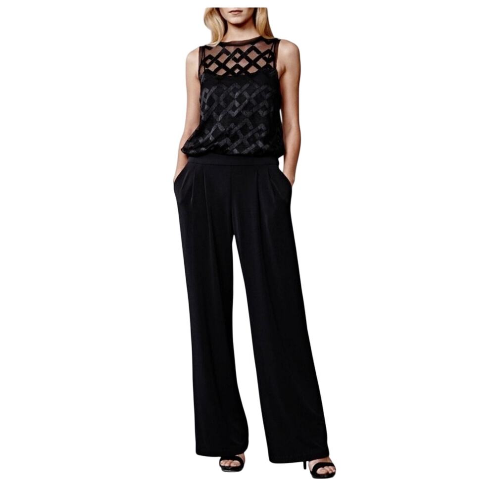 Julia Jordan Mesh Lattice Overlay Jumpsuit Black Illusion Neck Wide Leg Formal